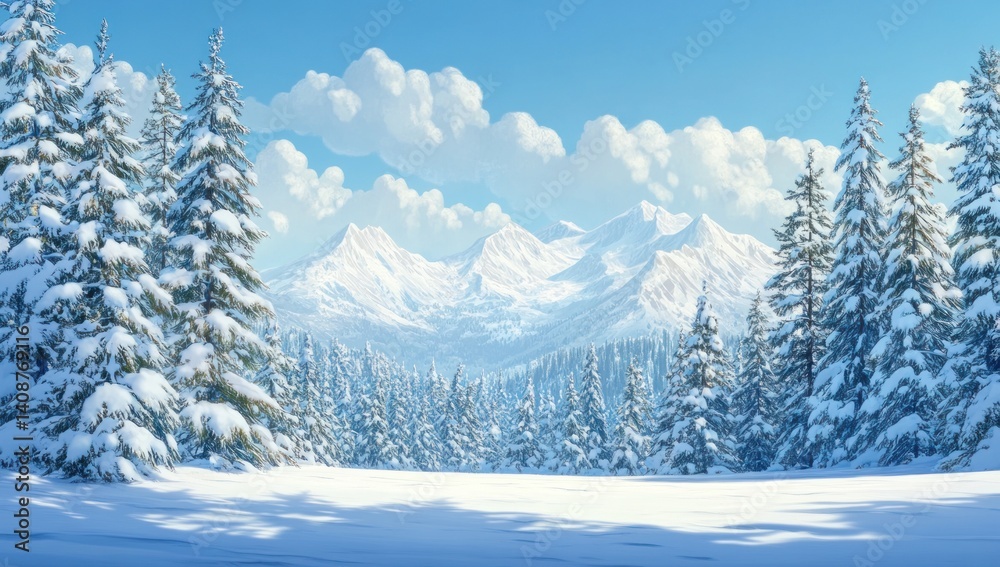 Fototapeta premium Snowy winter landscape depicts trees clouds and distant mountain peaks