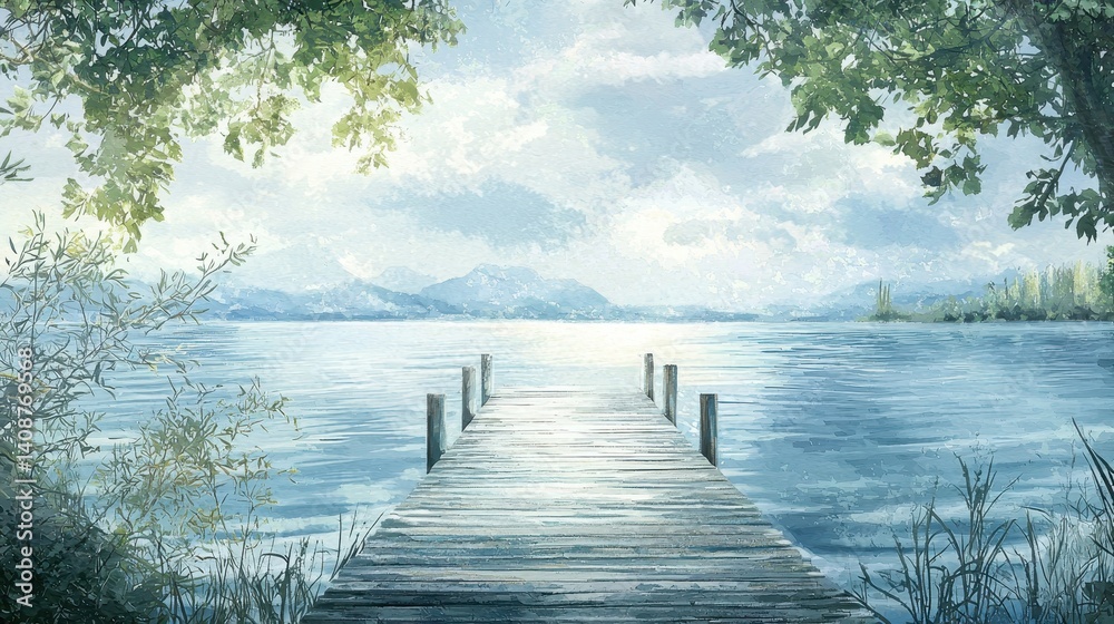 Naklejka premium Serene lake dock scene with mountain backdrop.