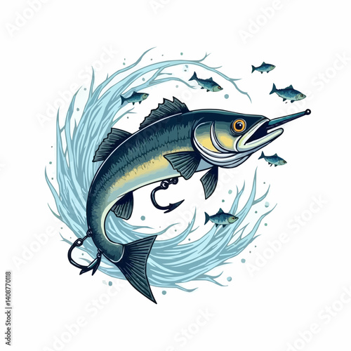 This stunning nature-inspired fishing design features an elegantly detailed lure with swirling textures representing water, complemented by abstract fish in motion. Its serene color palette and crisp 