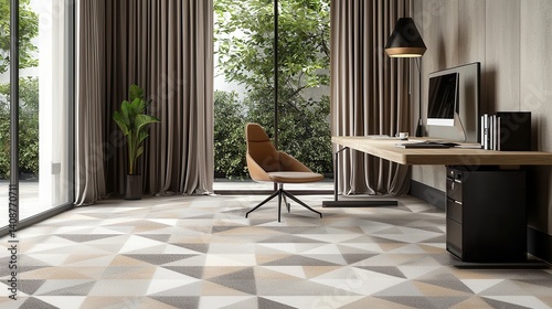Modern home office with geometric patterned flooring.