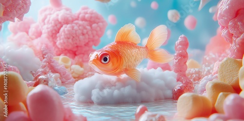 Golden Fish in a Pastel Candy Dreamscape: Whimsical Underwater Art photo