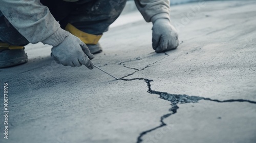 A construction worker inspecting a concrete foundation for cracks. Featuring attention to detail and expertise