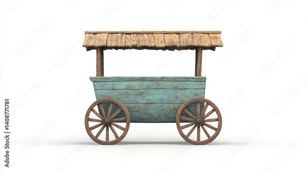 Fototapeta premium A rustic, wooden cart with a thatched roof, featuring large wheels, designed for transportation or display of goods.