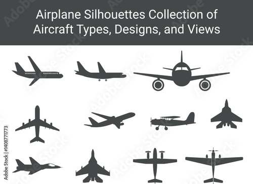 Airplane Silhouettes Collection of Aircraft, Airplanes, and Jets
black silhouettes of different aircraft types,
including commercial jets, military jets, and prop planes, viewed from various angles.