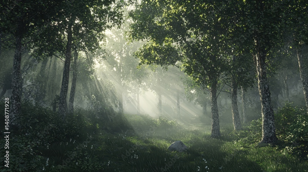 Obraz premium Sunlit forest path through a misty woodland.