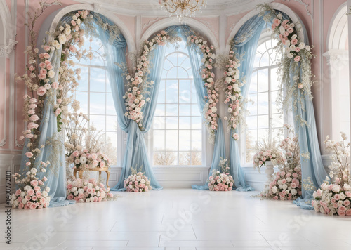 Elegant Blooms Window: Cascading Florals with Sheer Charm Backdrop