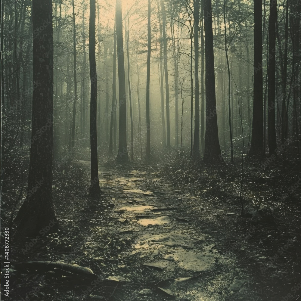 Naklejka premium A serene forest path shrouded in mist, with sunlight filtering through tall trees, creating a tranquil and mysterious atmosphere.