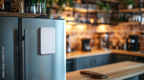 A white square magnet on a fridge mockup, symbolizing simplicity and minimalism. The clean, bright tone creates a modern concept with an empty, blank space for captions or notes.

