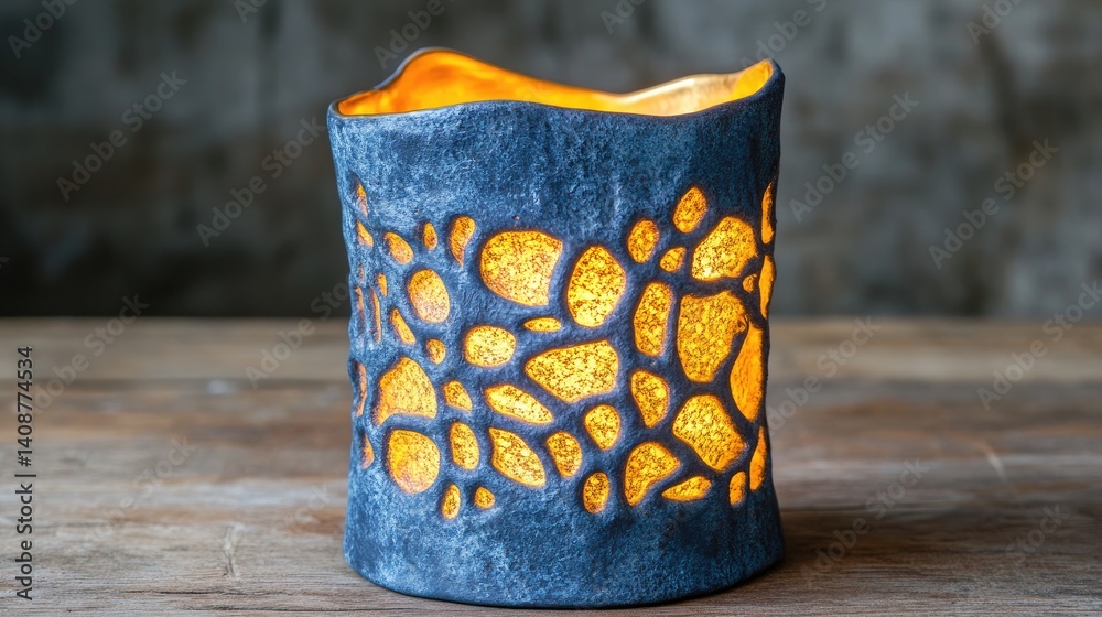 Unique, handcrafted candle holder, dark blue, intricate design