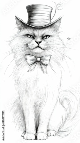 Elegant Cat Illustration with Top Hat and Bow Tie in Black and White