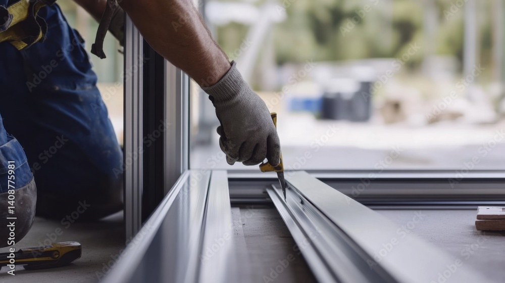 A construction worker installing a steel door frame. Featuring precision and focus A construction worker installing a steel door frame. Featuring precision and focus