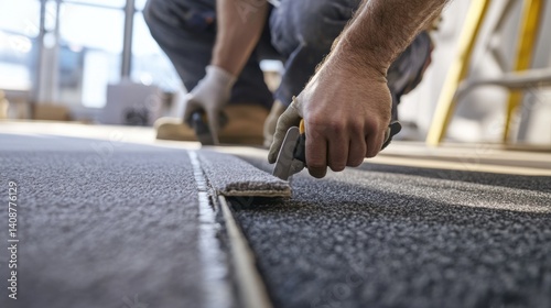 A construction worker laying down carpet tiles on a new office floor. Featuring flooring installation and precision