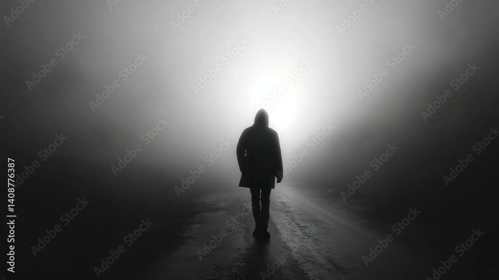 Mysterious figure walking alone in dense fog on a deserted road at night with an eerie atmosphere and limited visibility Mysterious figure walking alone in dense fog on a deserted road at night with an eerie atmosphere and limited visibility