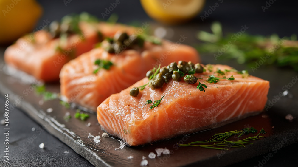 Delicious salmon fillets with capers and lemon recipe for healthy eating and gourmet seafood dishes Delicious salmon fillets with capers and lemon recipe for healthy eating and gourmet seafood dishes
