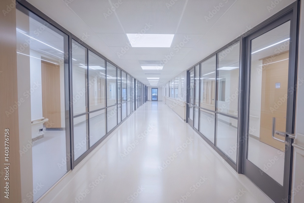 Clean, modern hospital hallway Clean, modern hospital hallway