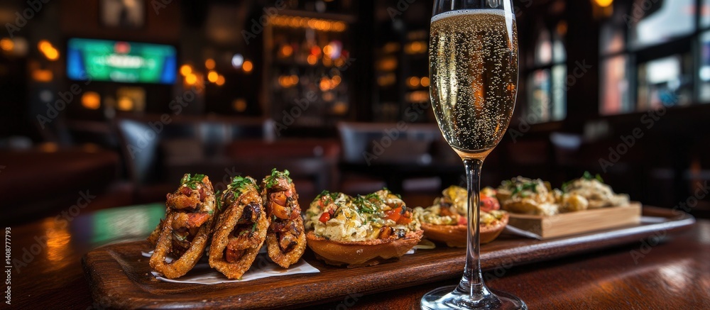 Appetizers and Champagne in a Bar Setting