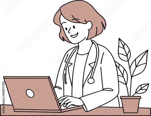 Happy white coat therapist in laptop.