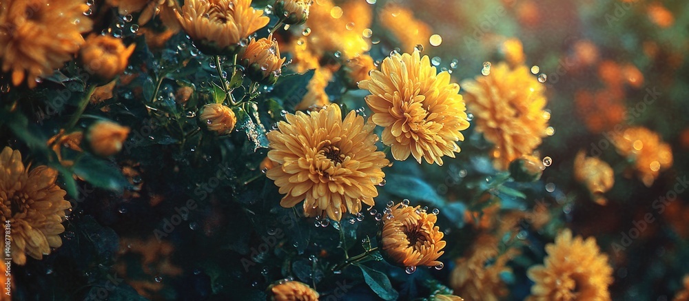 Golden Chrysanthemum Blooms in Dew Drops