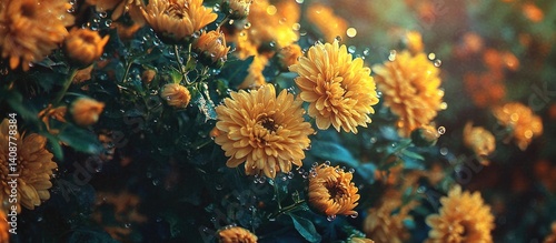 Obraz na płótnie Golden Chrysanthemum Blooms in Dew Drops w salonie