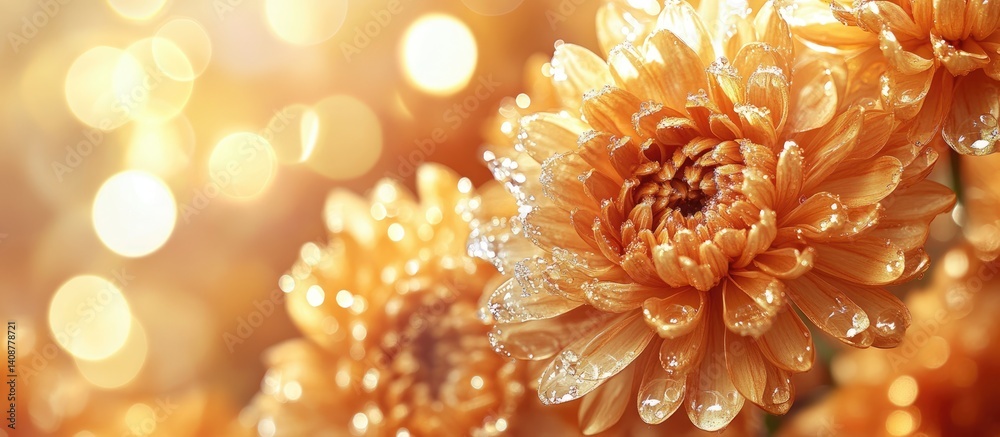 Golden Chrysanthemums in Dew Drops