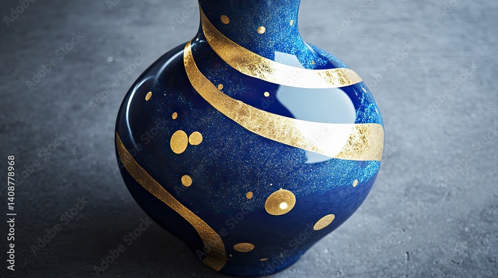 Elegant blue vase with gold accents. Detailed swirls and dots adorn the ceramic piece