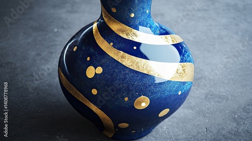 Obraz na płótnie Elegant blue vase with gold accents. Detailed swirls and dots adorn the ceramic piece w salonie