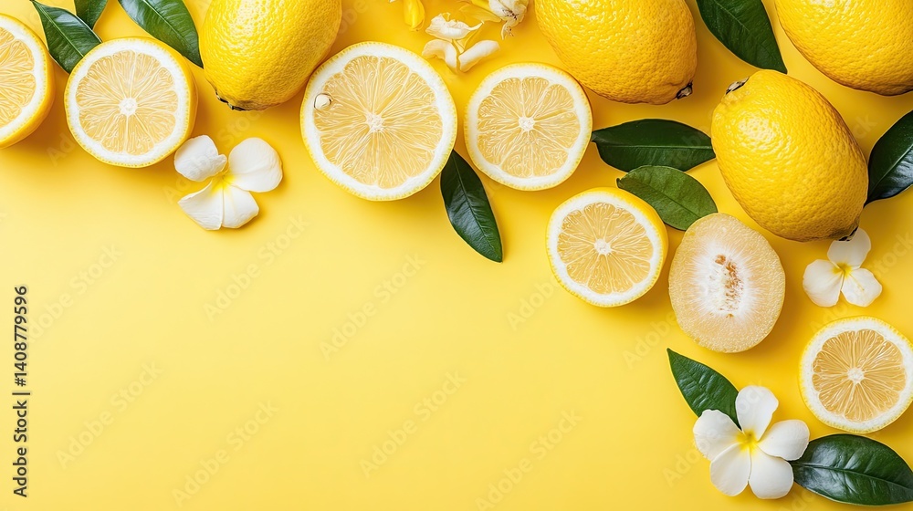 Fresh lemon slices and whole lemons arranged on a bright yellow background