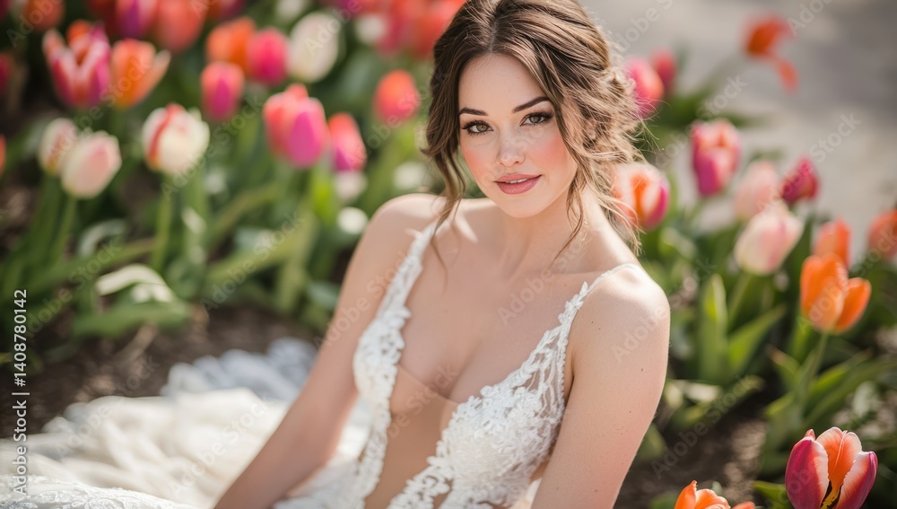 Fototapeta premium Stunning Bride in a Sea of Tulips
