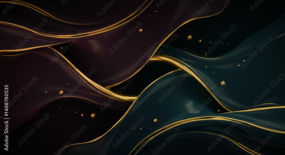 Obraz premium Abstract Dark Elegance: Intertwined Waves of Deep Purple and Teal, Accented with Golden Lines and Shimmering Particles