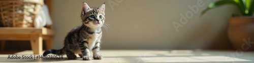 Adorable grey tabby kitten standing on hind legs with curious expression, pet, feline