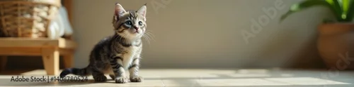Obraz Adorable grey tabby kitten standing on hind legs with curious expression, pet, feline