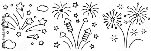 Celebrate with vibrant line art featuring fireworks, stars, and clouds that create joyful atmosphere of excitement and wonder