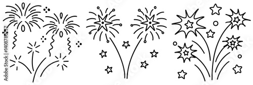 Line art featuring vibrant fireworks bursting in night sky, creating festive atmosphere filled with joy and celebration