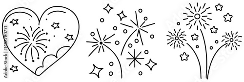 Line art featuring fireworks in heart shape, whimsical designs, and starry elements create festive atmosphere