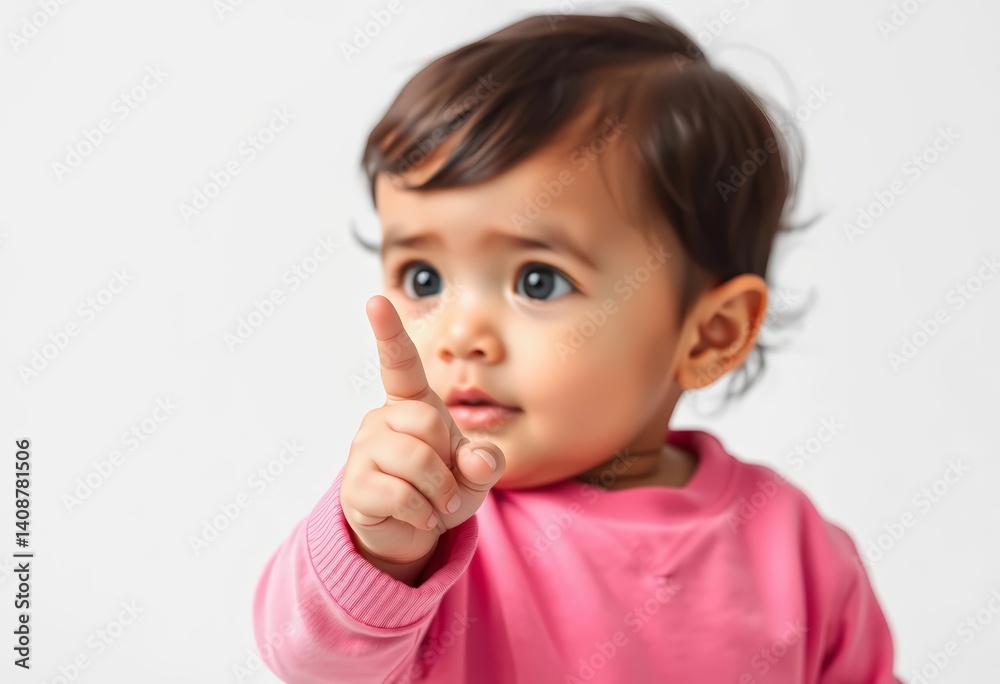 Adorable infant hand gesturing towards options on white backdrop, white, pure Adorable infant hand gesturing towards options on white backdrop, white, pure