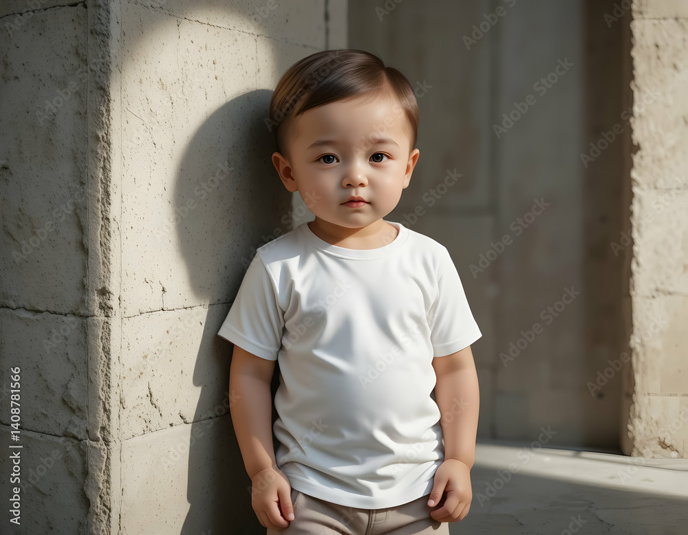 Standing Little Child Wearing Simple White T-shirt Outdoors