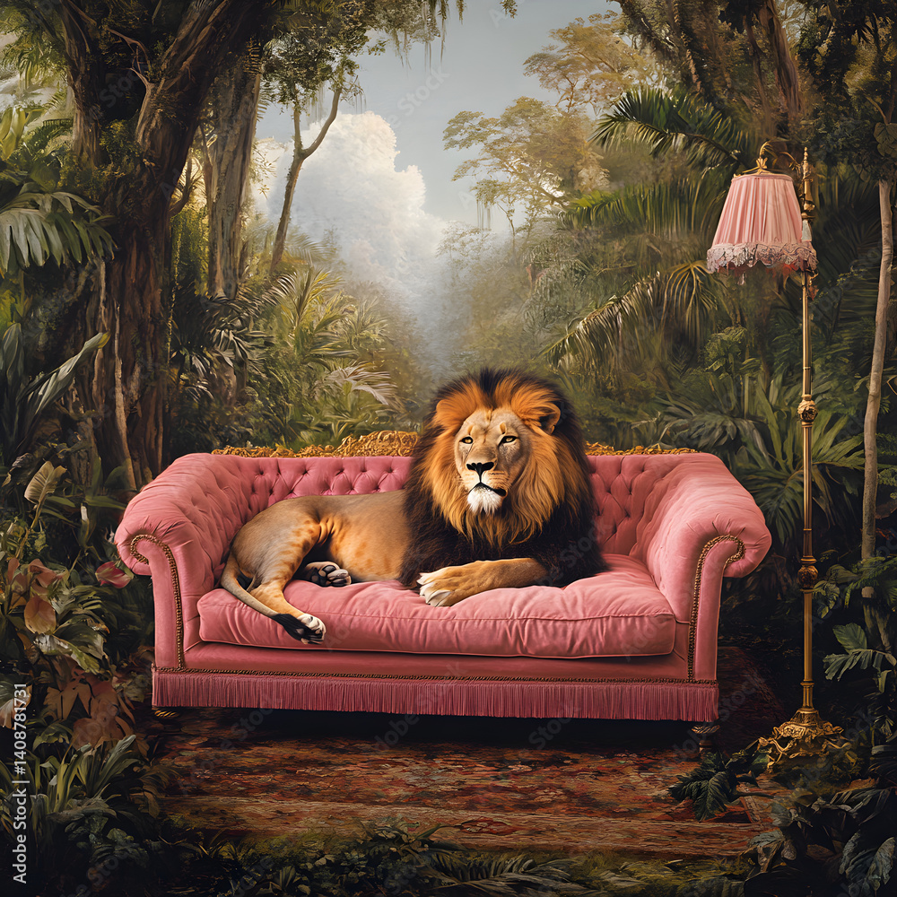 Majestic Lion's Luxe Lounge in the Heart of the Wild: A Comical Shift from Jungle to Living Room Glamour