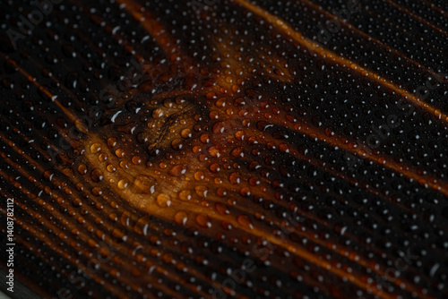Water Drops on Surface of Cedar Wood Board Torched with Fire and Treated with Ting Oil for Protection From Outdoor Environment 