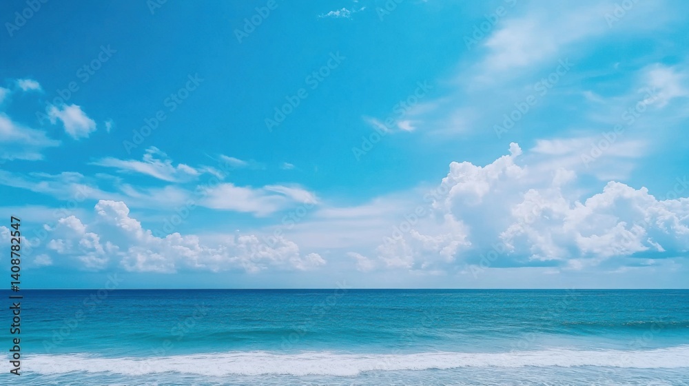 Serenity of the Ocean Under a Clear Blue Sky with Fluffy Clouds