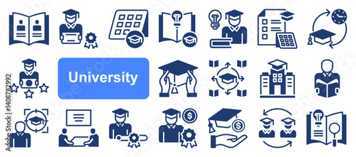 Universty icon set.  Graduate, Proffesor, Graduation, Faculty, Campus, Teacher, Graduation, Diploma. icon concept simple.