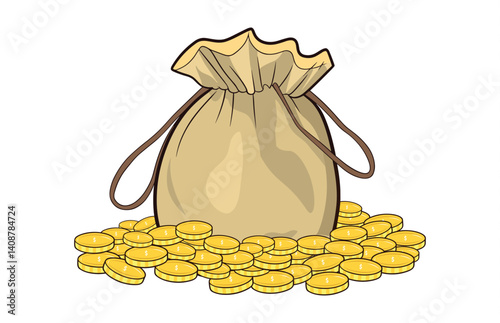 Gold Bag Cord Vector illustration, Treasure Bag with Gold Coins Clipart