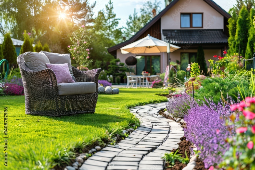 Naklejka premium Relaxing outdoor living space suburban home garden landscape serene environment daytime view tranquility and nature