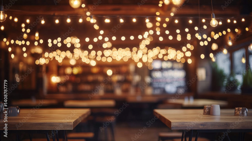 A restaurant with tables and chairs and lights hanging from the ceiling. The lights are on and the room is dimly lit A restaurant with tables and chairs and lights hanging from the ceiling. The lights are on and the room is dimly lit