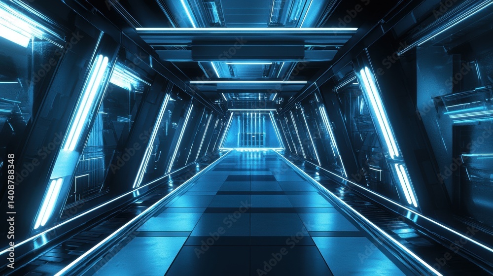 Obraz premium Sleek Futuristic Corridor with Glowing Fiber Optic Lights in Blue Hues for a High-Tech and Innovative Atmosphere