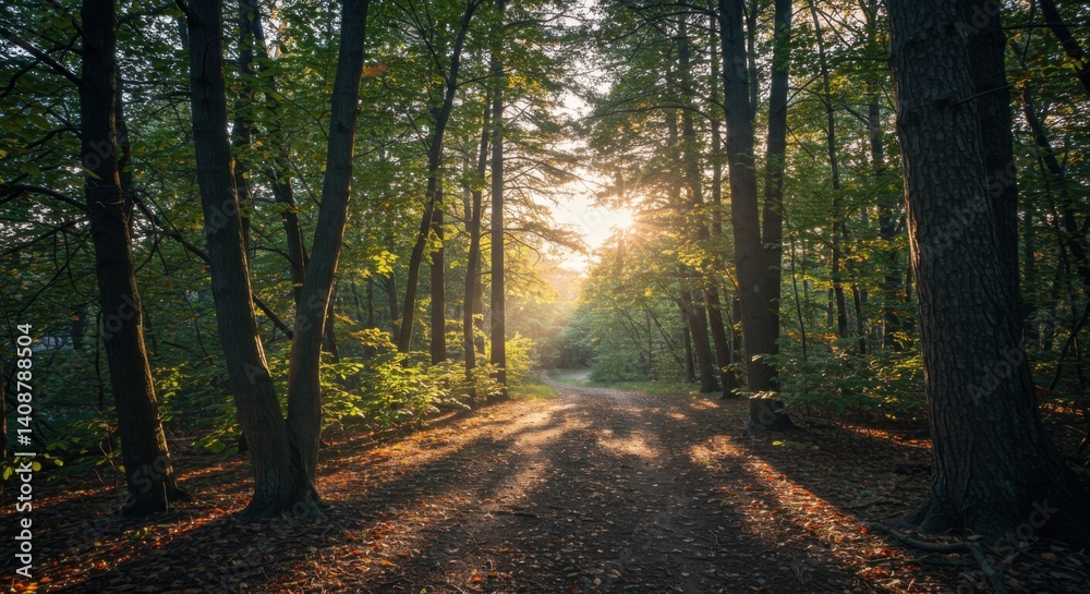 Fototapeta premium Sun shining through trees in a lush green forest