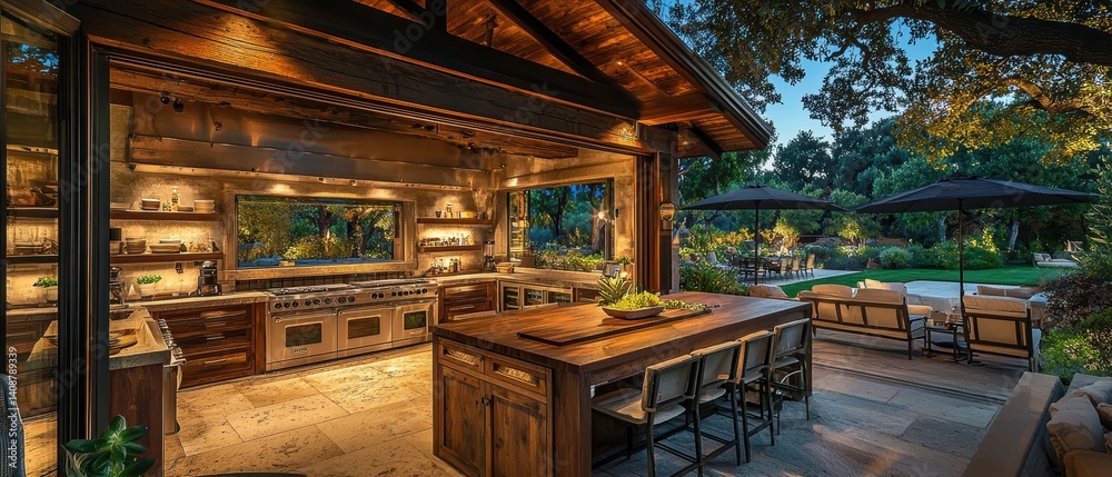 Beautiful Open Air Kitchen Design Featuring a Large Island Perfect for Family Gatherings Surrounded by Lush Greenery and Outdoor Relaxation Areas Beautiful Open Air Kitchen Design Featuring a Large Island Perfect for Family Gatherings Surrounded by Lush Greenery and Outdoor Relaxation Areas