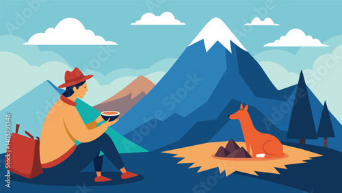 An artist enjoying a solo meal on a mountain top with a friendly llama eagerly awaiting any stray crumbs.. Vector illustration