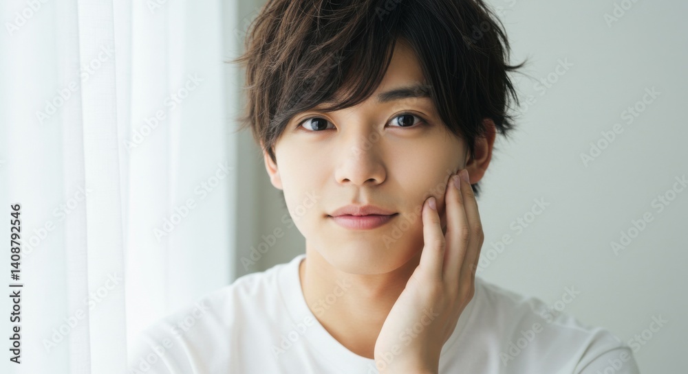 若い男性のポートレート - 自然光の中でリラックスした表情、美容・スキンケア、健康的なライフスタイル、好印象を与えるビジネスシーンに 若い男性のポートレート - 自然光の中でリラックスした表情、美容・スキンケア、健康的なライフスタイル、好印象を与えるビジネスシーンに