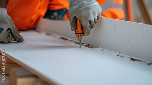 Wallpaper Mural A construction worker installing drywall panels at a construction site. Featuring teamwork and focus Torontodigital.ca