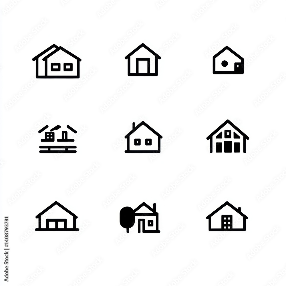 Nine house icons; various styles; white background; real estate website use Nine house icons; various styles; white background; real estate website use